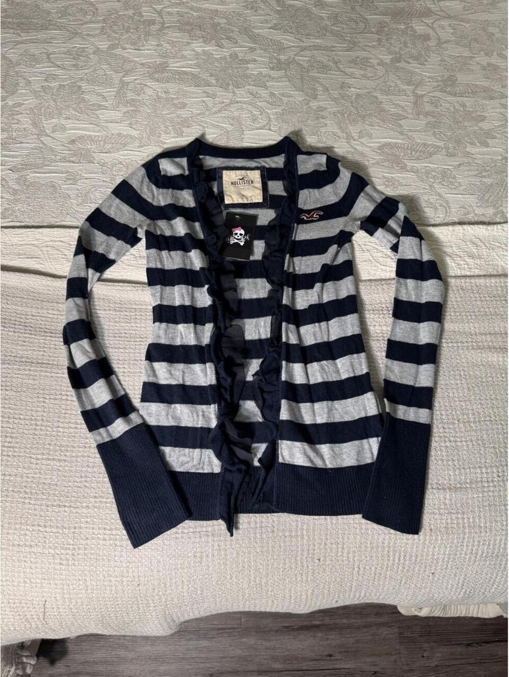 y2k hollister navy blue & grey striped cardigan with ruffle accents